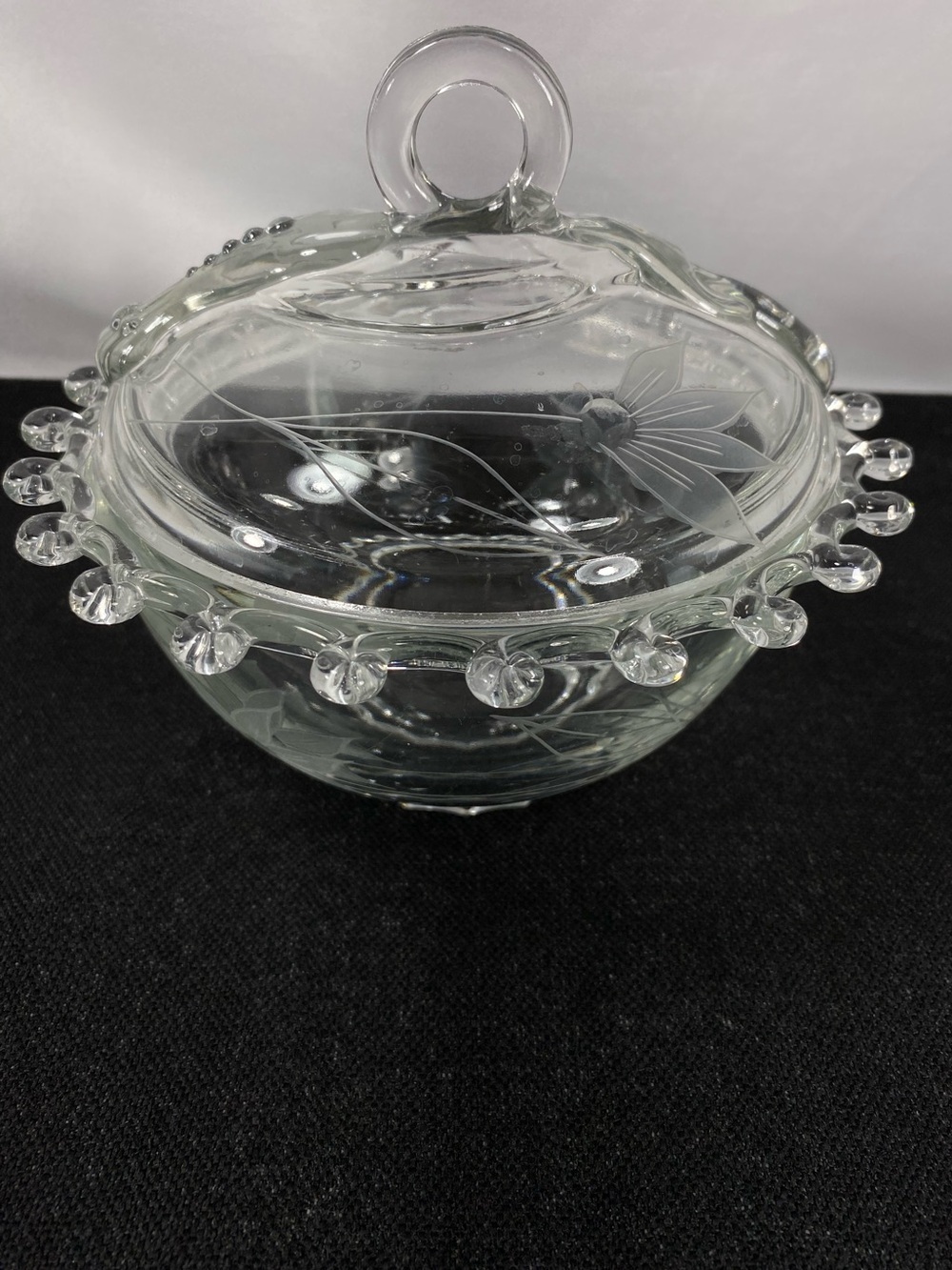 Vintage Heisey Glass Lariat Covered Candy Dish Etched Orchid Flowers #507